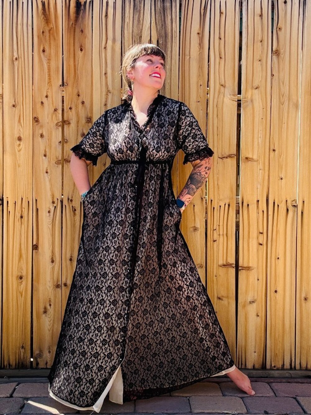 Vintage Peignoir Robe 60s Marilyn Black Floral Lace Peignoir Lingerie Robe | M/L